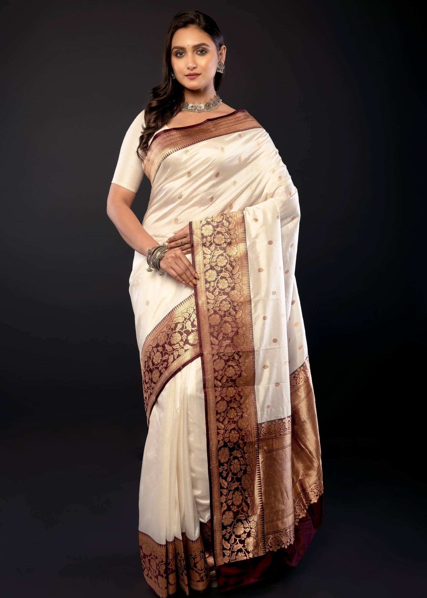 White Pure Katan Silk Saree with Contrasting Border - Anvi Couture