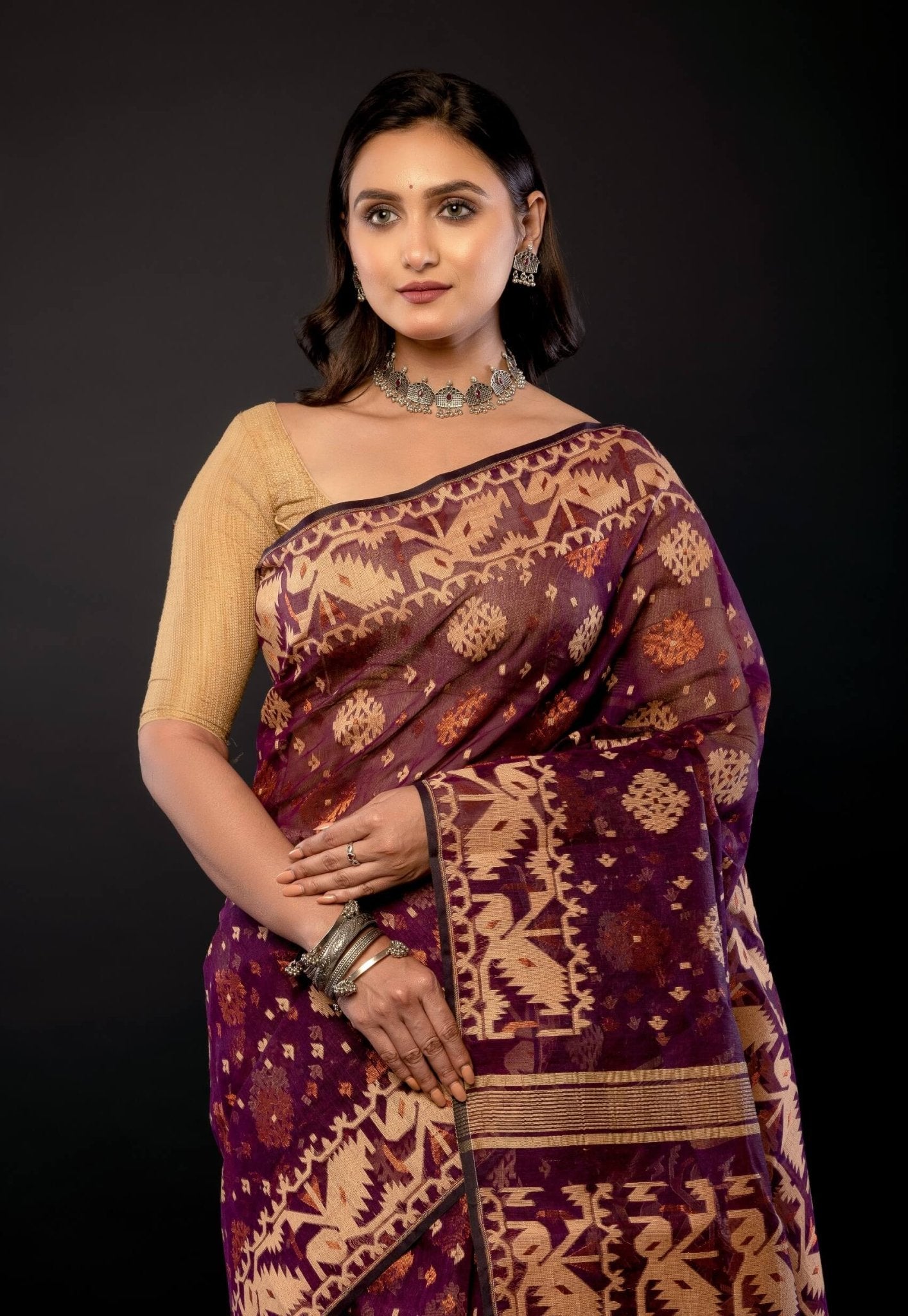 Purple Bangladeshi Dhakai Jamdani with all over Jaal work - Anvi Couture