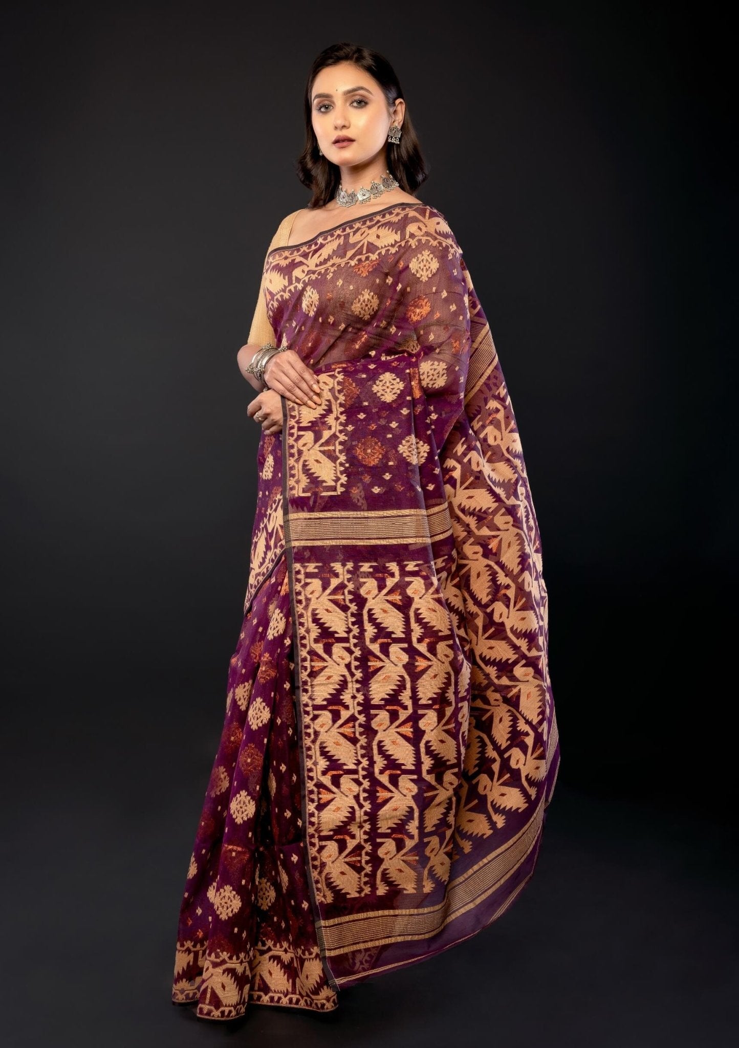 Purple Bangladeshi Dhakai Jamdani with all over Jaal work - Anvi Couture
