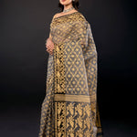 Black and Beige Bangladeshi Dhakai Jamdani with all over Jaal work - Anvi Couture