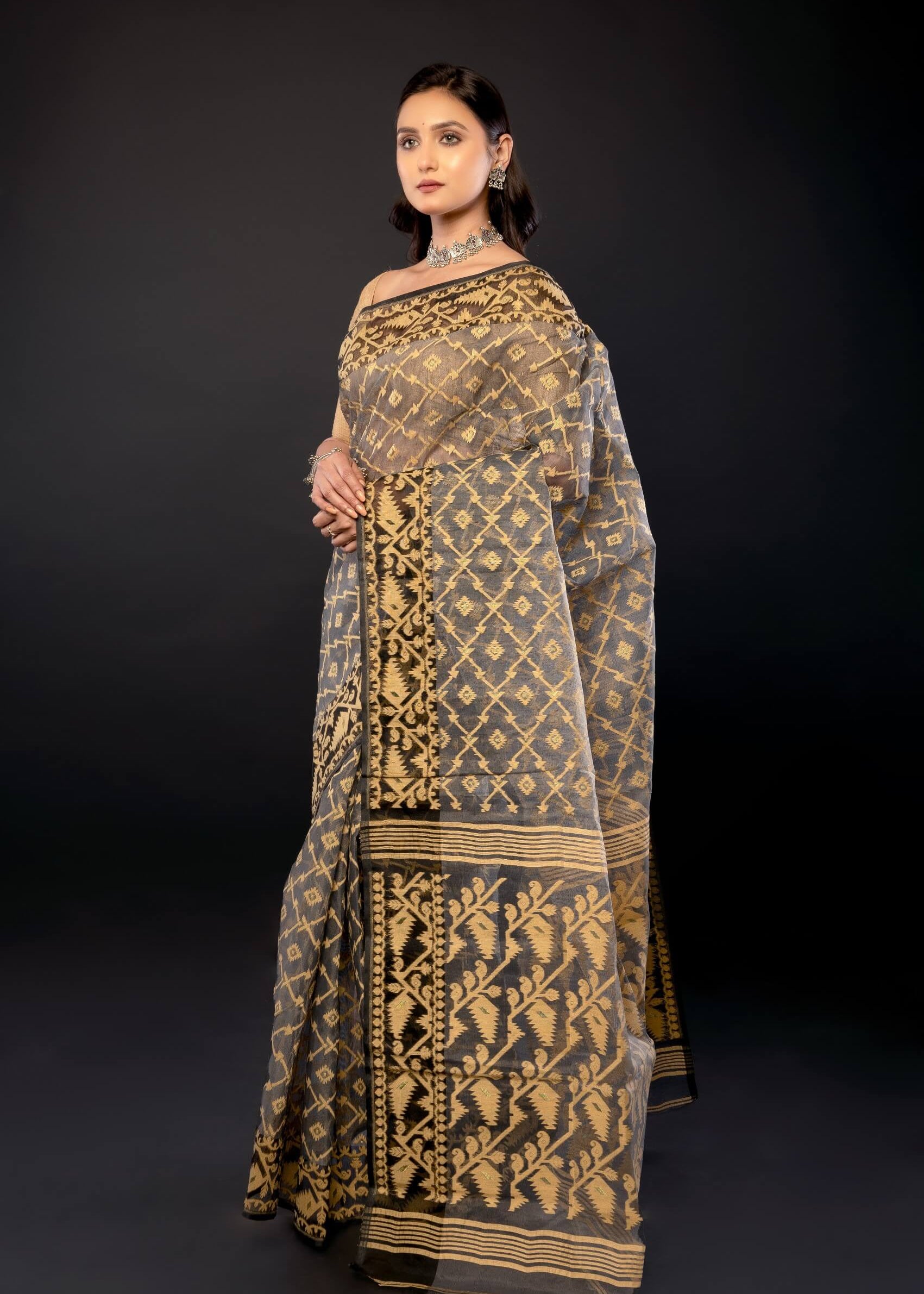 Black and Beige Bangladeshi Dhakai Jamdani with all over Jaal work - Anvi Couture