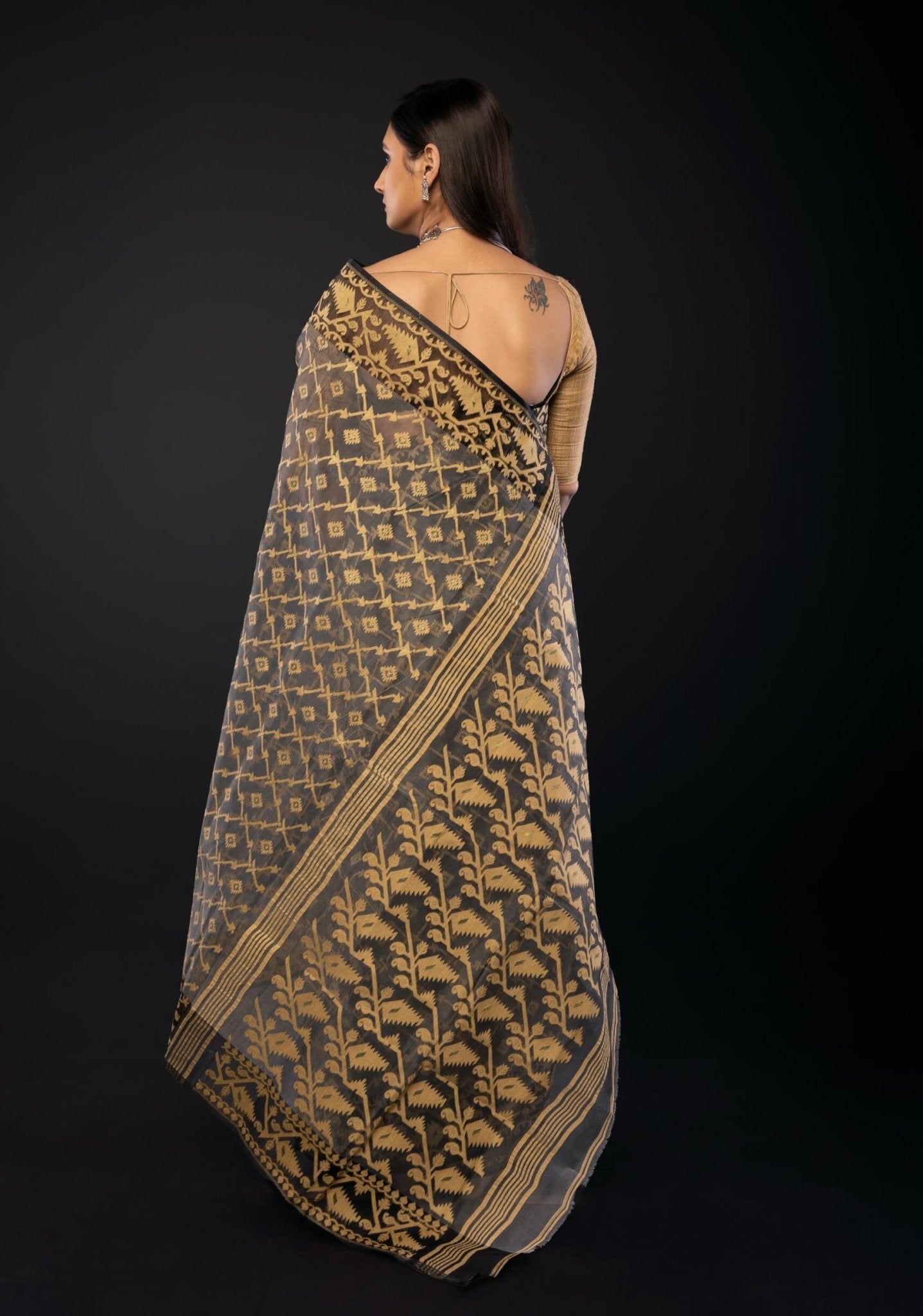 Black and Beige Bangladeshi Dhakai Jamdani with all over Jaal work - Anvi Couture