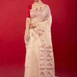 Red and White Handloom Dhakai Jamdani Cotton Saree - Anvi Couture