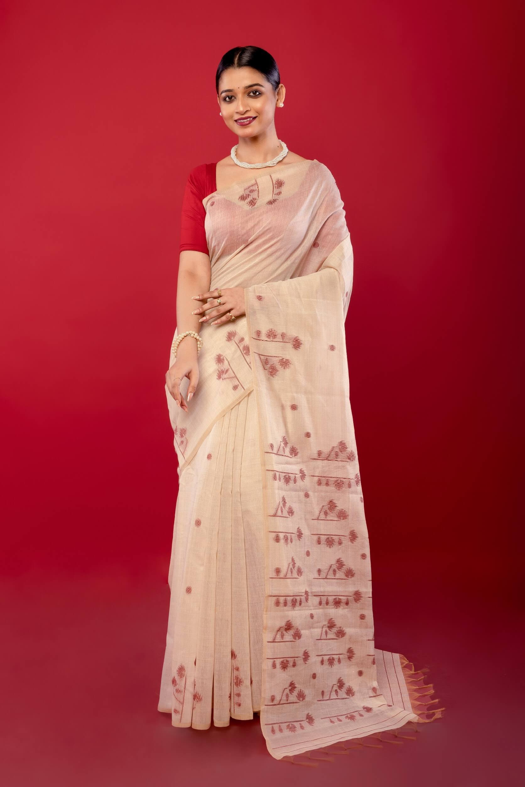 Red and White Handloom Dhakai Jamdani Cotton Saree - Anvi Couture