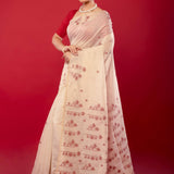 Red and White Handloom Dhakai Jamdani Cotton Saree - Anvi Couture