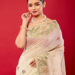 Elegant White Cotton Jamdani Saree with Multicolor Floral Motifs - Anvi Couture