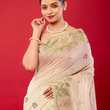 Elegant White Cotton Jamdani Saree with Multicolor Floral Motifs - Anvi Couture