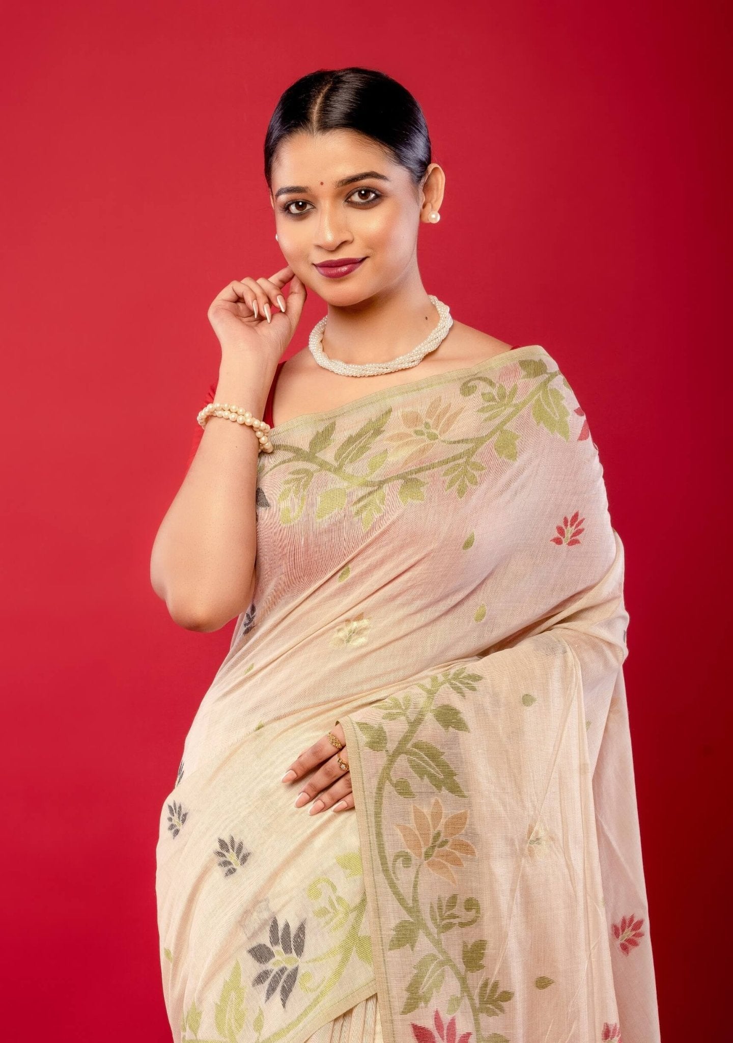 Elegant White Cotton Jamdani Saree with Multicolor Floral Motifs - Anvi Couture