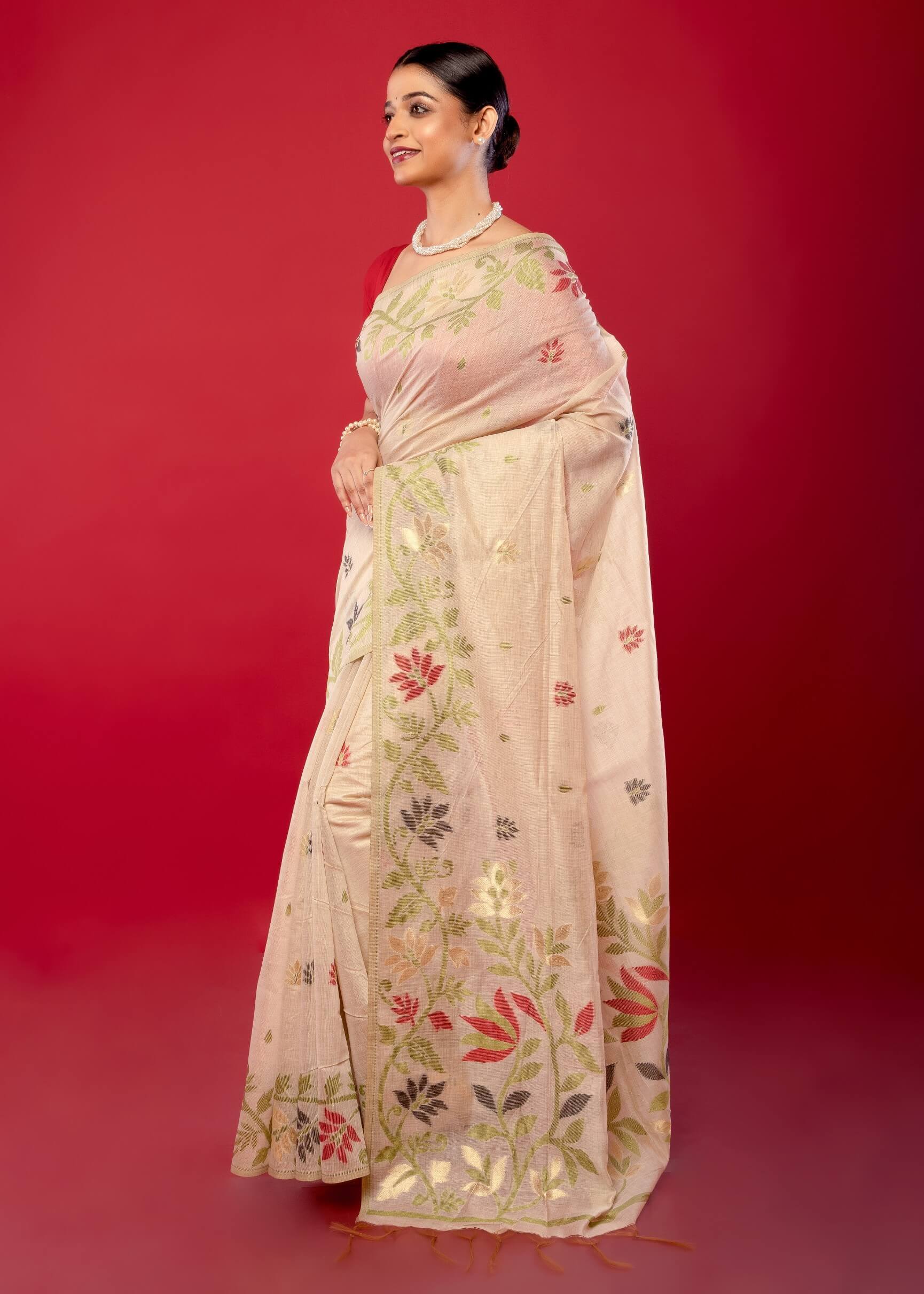 Elegant White Cotton Jamdani Saree with Multicolor Floral Motifs - Anvi Couture
