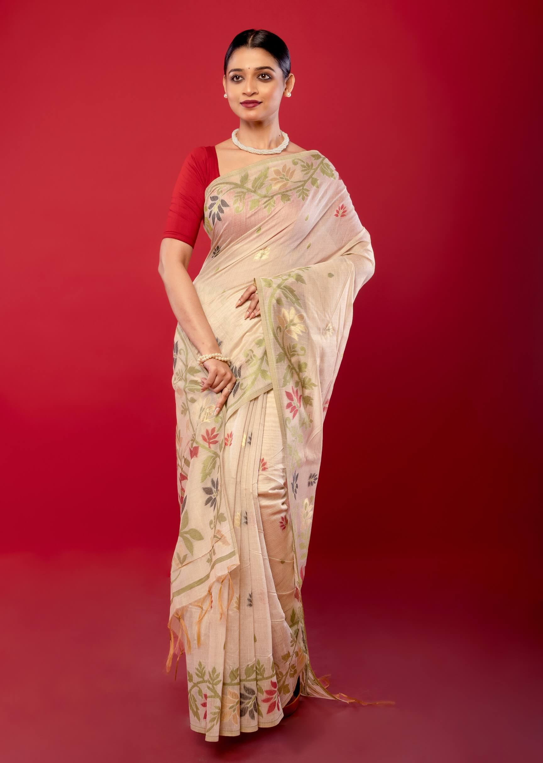 Elegant White Cotton Jamdani Saree with Multicolor Floral Motifs - Anvi Couture