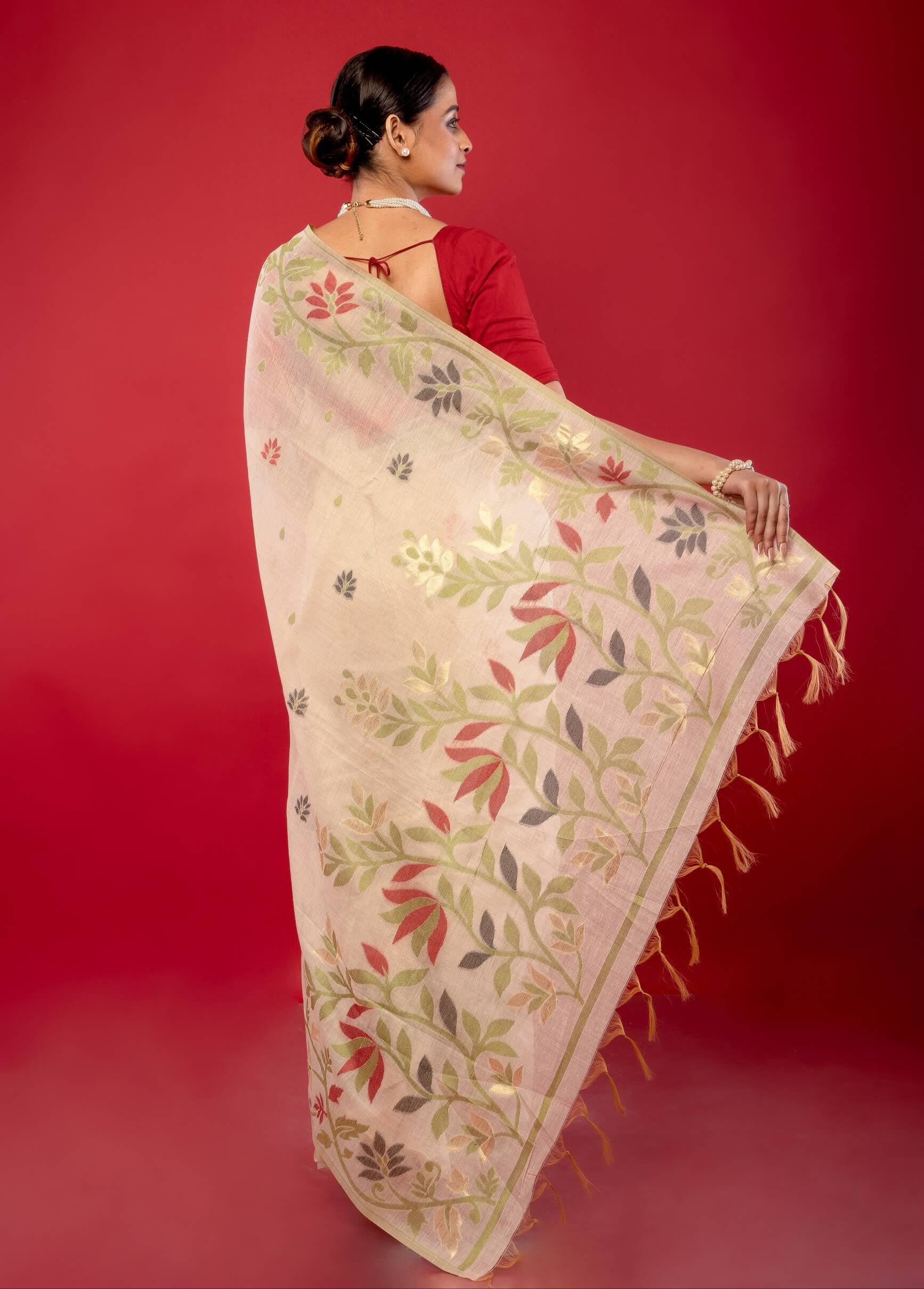 Elegant White Cotton Jamdani Saree with Multicolor Floral Motifs - Anvi Couture