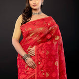 Red Original Bangladesi Dhakai Jamdani Saree with All - Over Jaal work - Anvi Couture