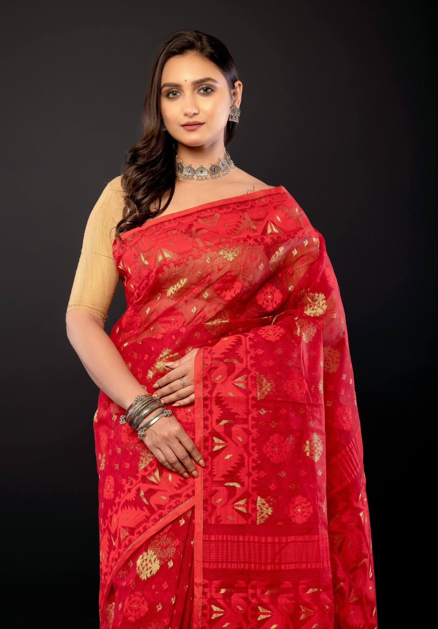 Red Original Bangladesi Dhakai Jamdani Saree with All - Over Jaal work - Anvi Couture