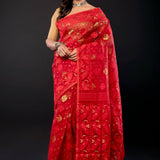 Red Original Bangladesi Dhakai Jamdani Saree with All - Over Jaal work - Anvi Couture