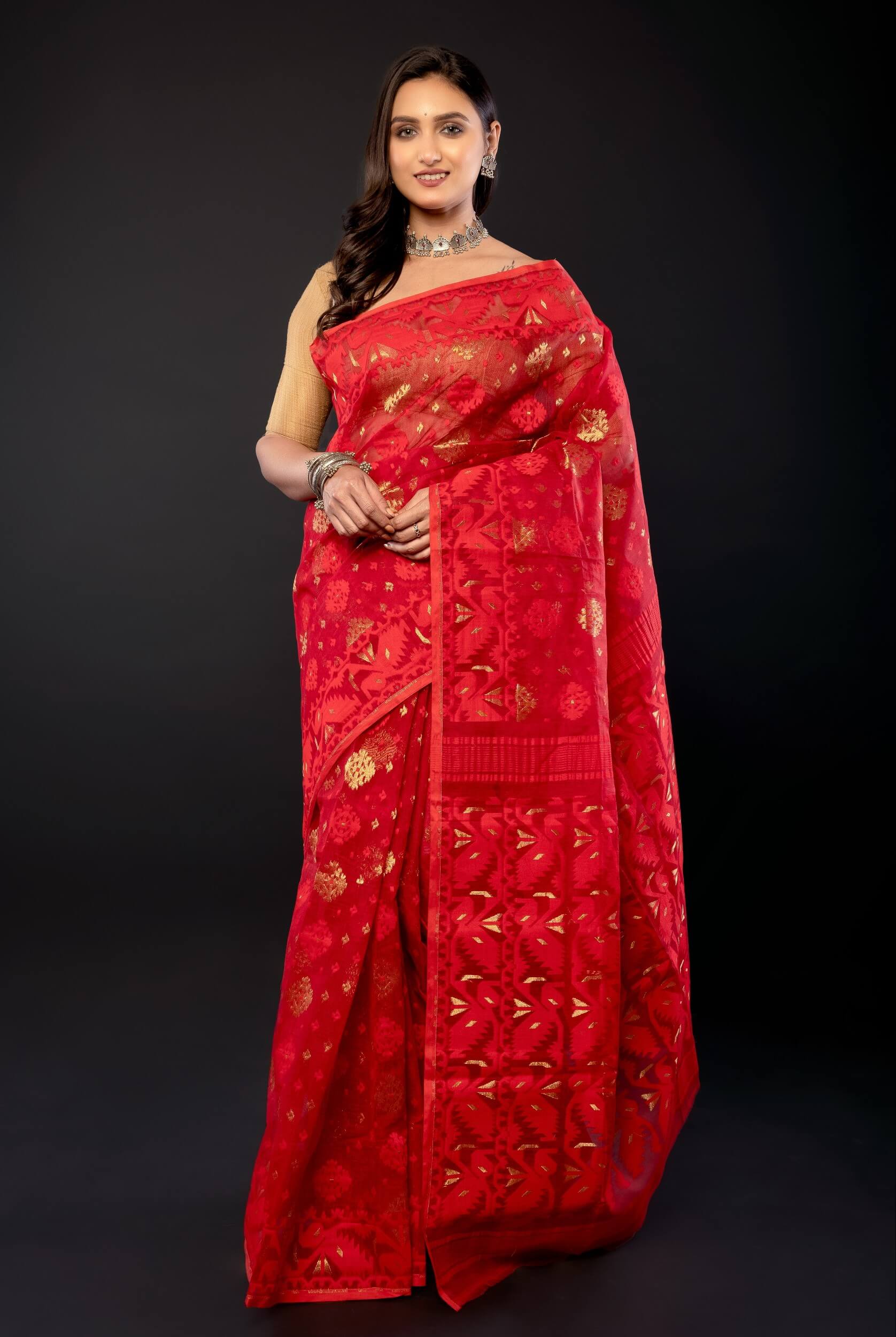 Red Original Bangladesi Dhakai Jamdani Saree with All - Over Jaal work - Anvi Couture