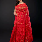 Red Original Bangladesi Dhakai Jamdani Saree with All - Over Jaal work - Anvi Couture