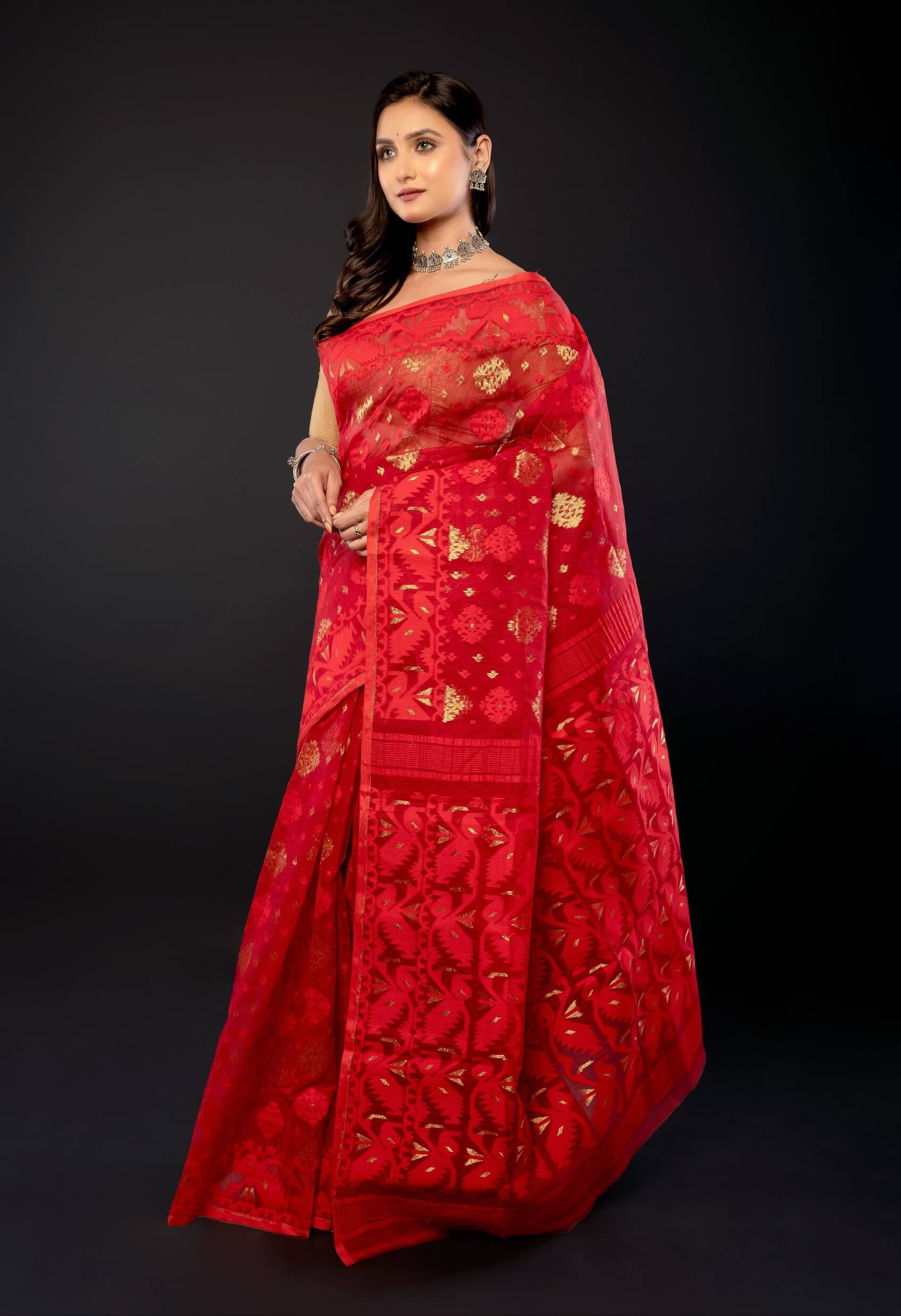 Red Original Bangladesi Dhakai Jamdani Saree with All - Over Jaal work - Anvi Couture