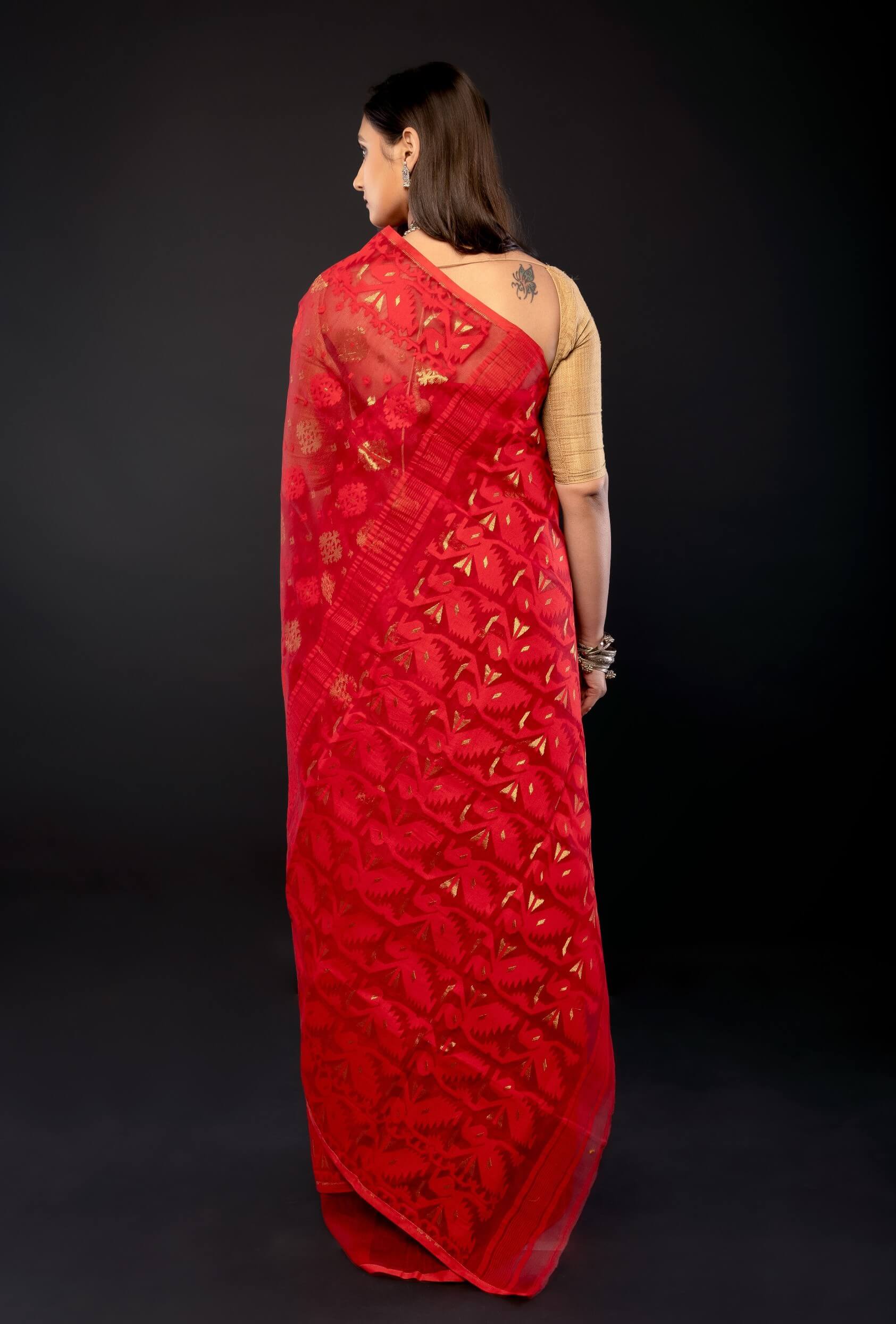 Red Original Bangladesi Dhakai Jamdani Saree with All - Over Jaal work - Anvi Couture