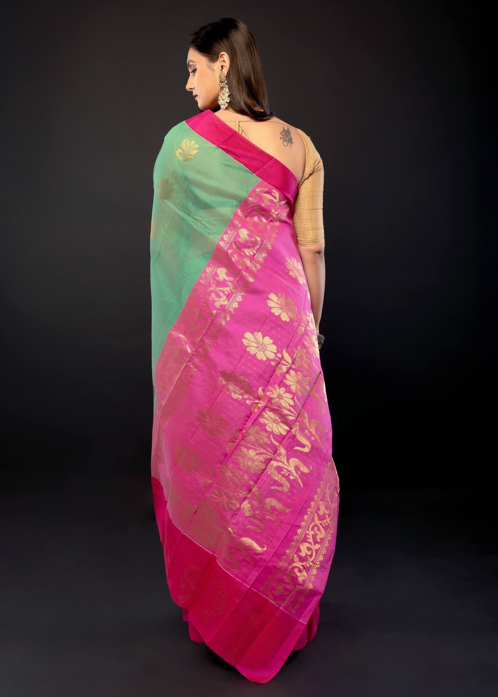 Green and Pink Zari Woven Cotton Silk Saree - Anvi Couture