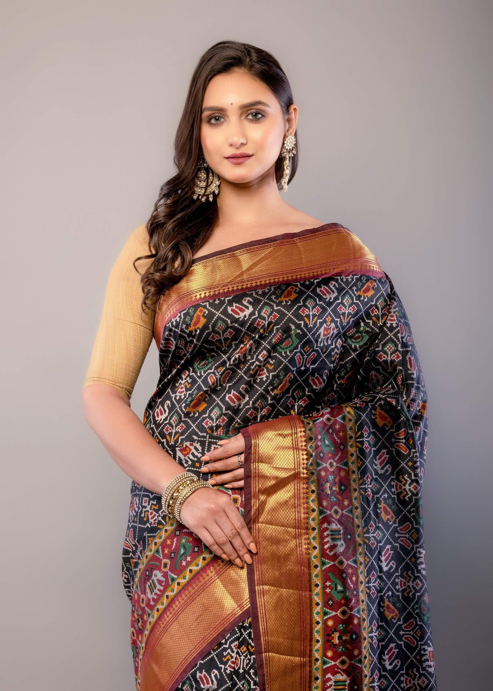 Black and Maroon Zari Woven Patola Silk Saree - Anvi Couture