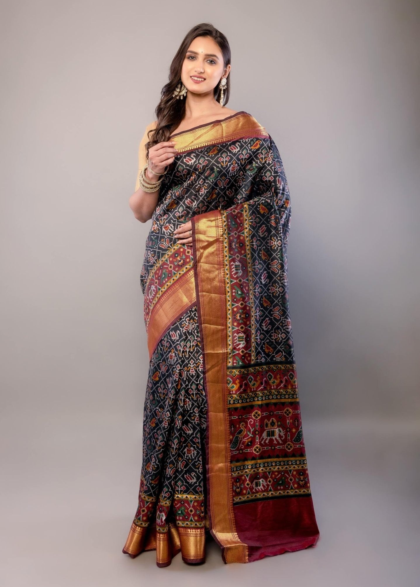 Black and Maroon Zari Woven Patola Silk Saree - Anvi Couture