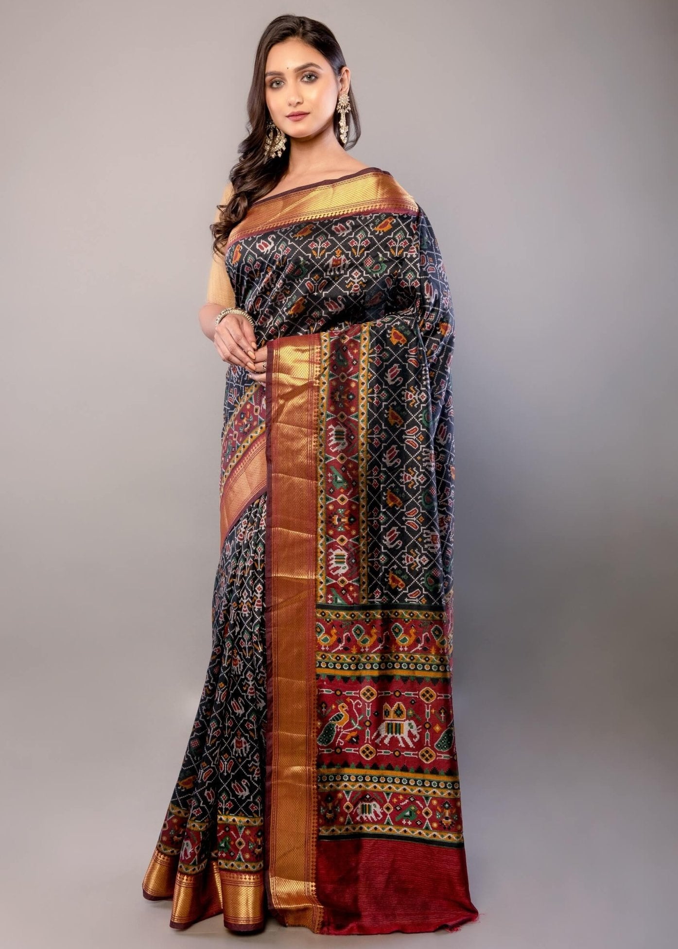 Black and Maroon Zari Woven Patola Silk Saree - Anvi Couture
