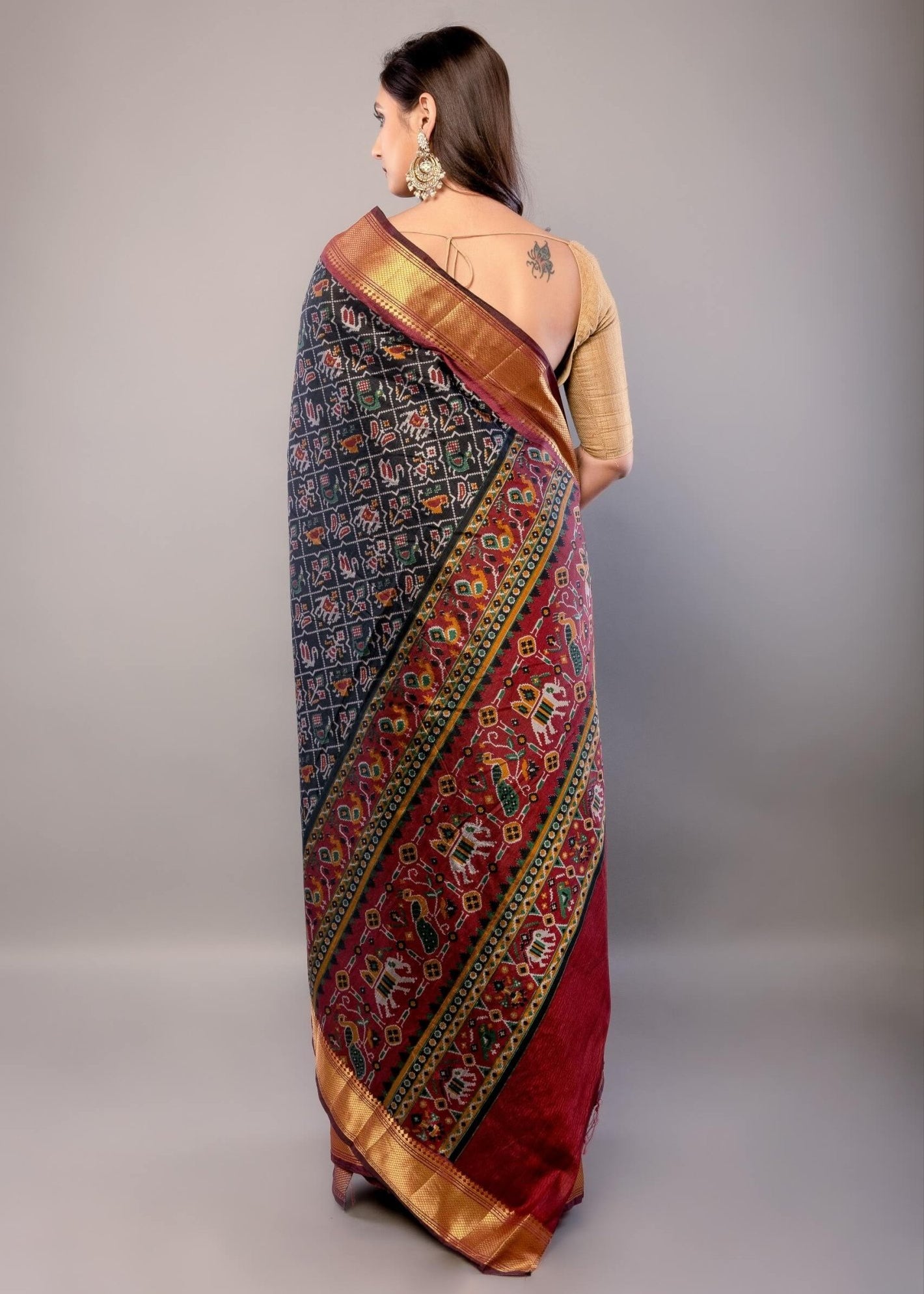 Black and Maroon Zari Woven Patola Silk Saree - Anvi Couture