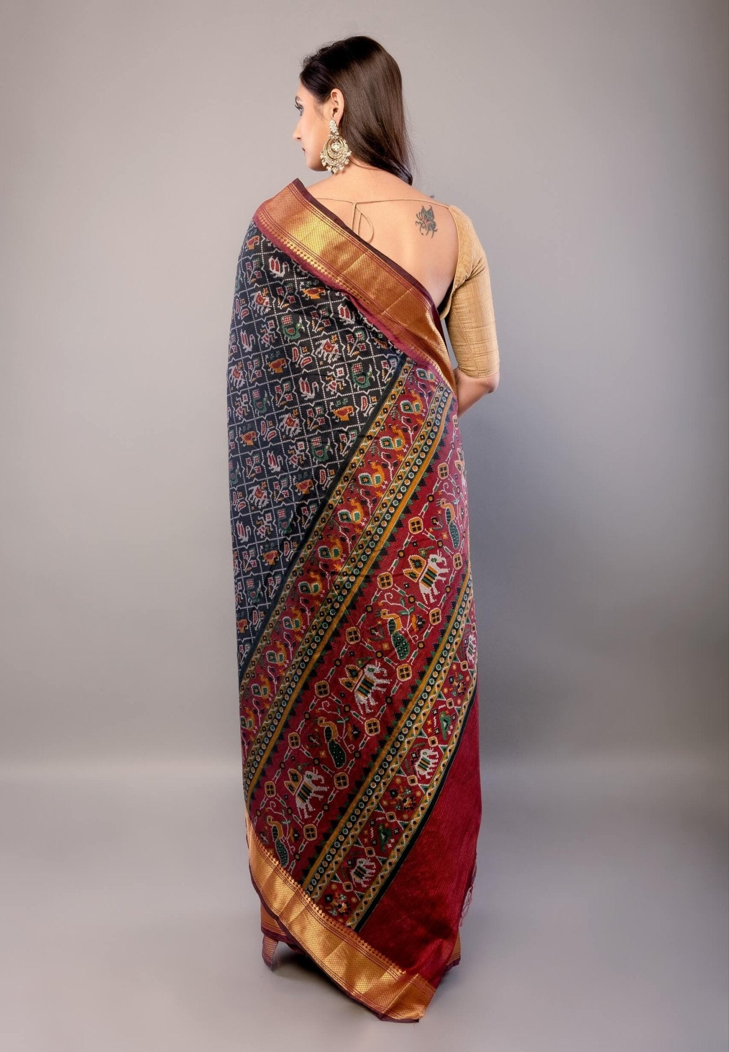 Black and Maroon Zari Woven Patola Silk Saree - Anvi Couture