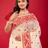 White & Red Traditional Bangladeshi Dhakai Jamdani Saree - Anvi Couture