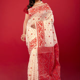 White & Red Traditional Bangladeshi Dhakai Jamdani Saree - Anvi Couture
