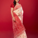 White & Red Traditional Bangladeshi Dhakai Jamdani Saree - Anvi Couture
