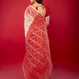 White & Red Traditional Bangladeshi Dhakai Jamdani Saree - Anvi Couture