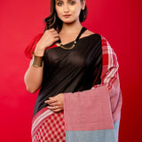 Black and Red Pure Khadi Cotton Gamcha Saree - Anvi Couture