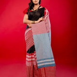 Black and Red Pure Khadi Cotton Gamcha Saree - Anvi Couture