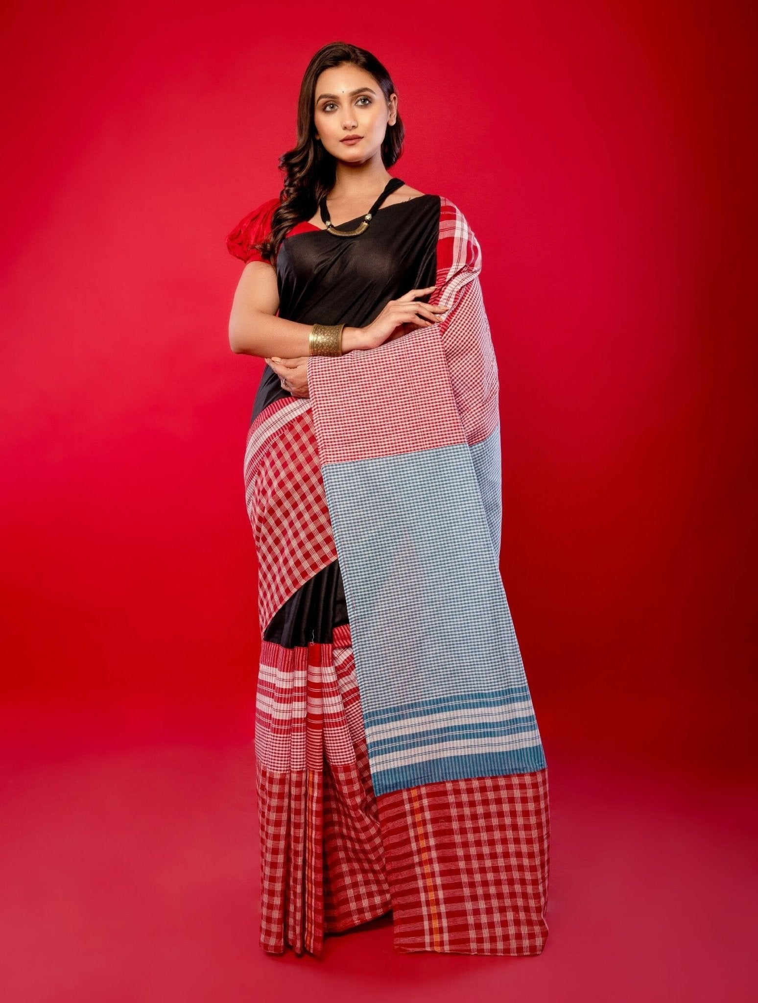 Black and Red Pure Khadi Cotton Gamcha Saree - Anvi Couture