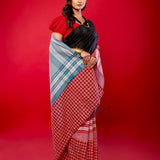 Black and Red Pure Khadi Cotton Gamcha Saree - Anvi Couture