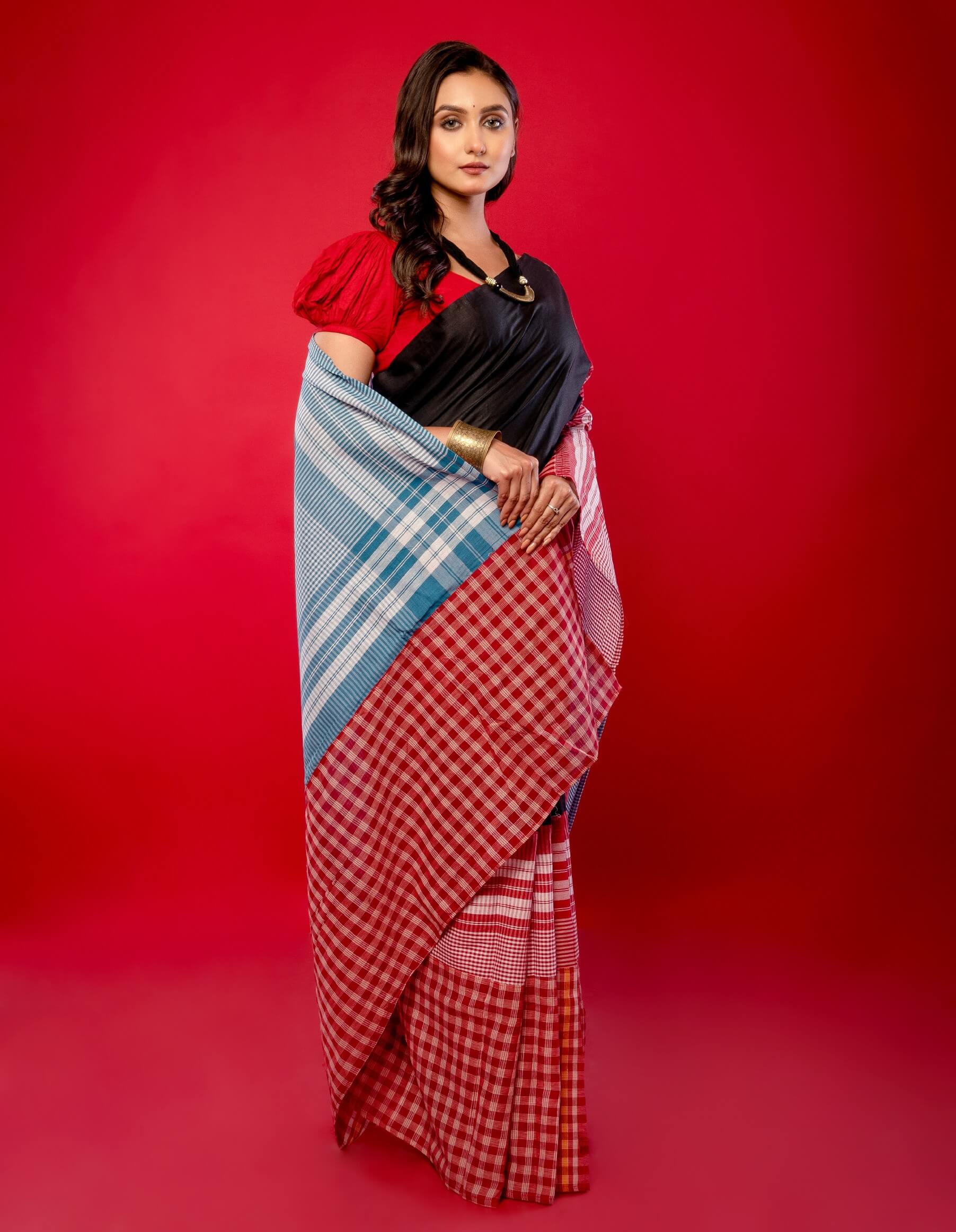 Black and Red Pure Khadi Cotton Gamcha Saree - Anvi Couture
