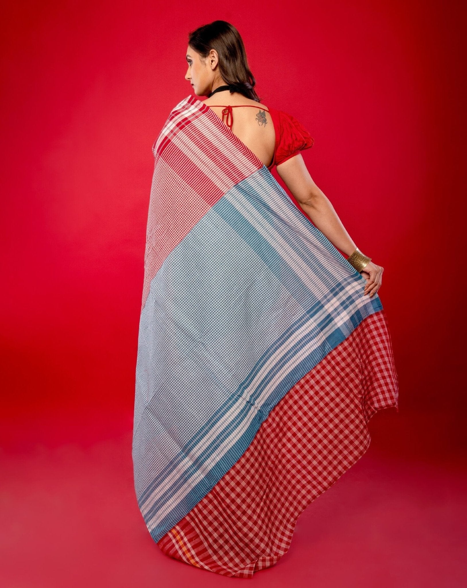 Black and Red Pure Khadi Cotton Gamcha Saree - Anvi Couture