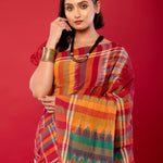Red & White Soft Bengal Handwoven Gamcha Checked Saree - Anvi Couture