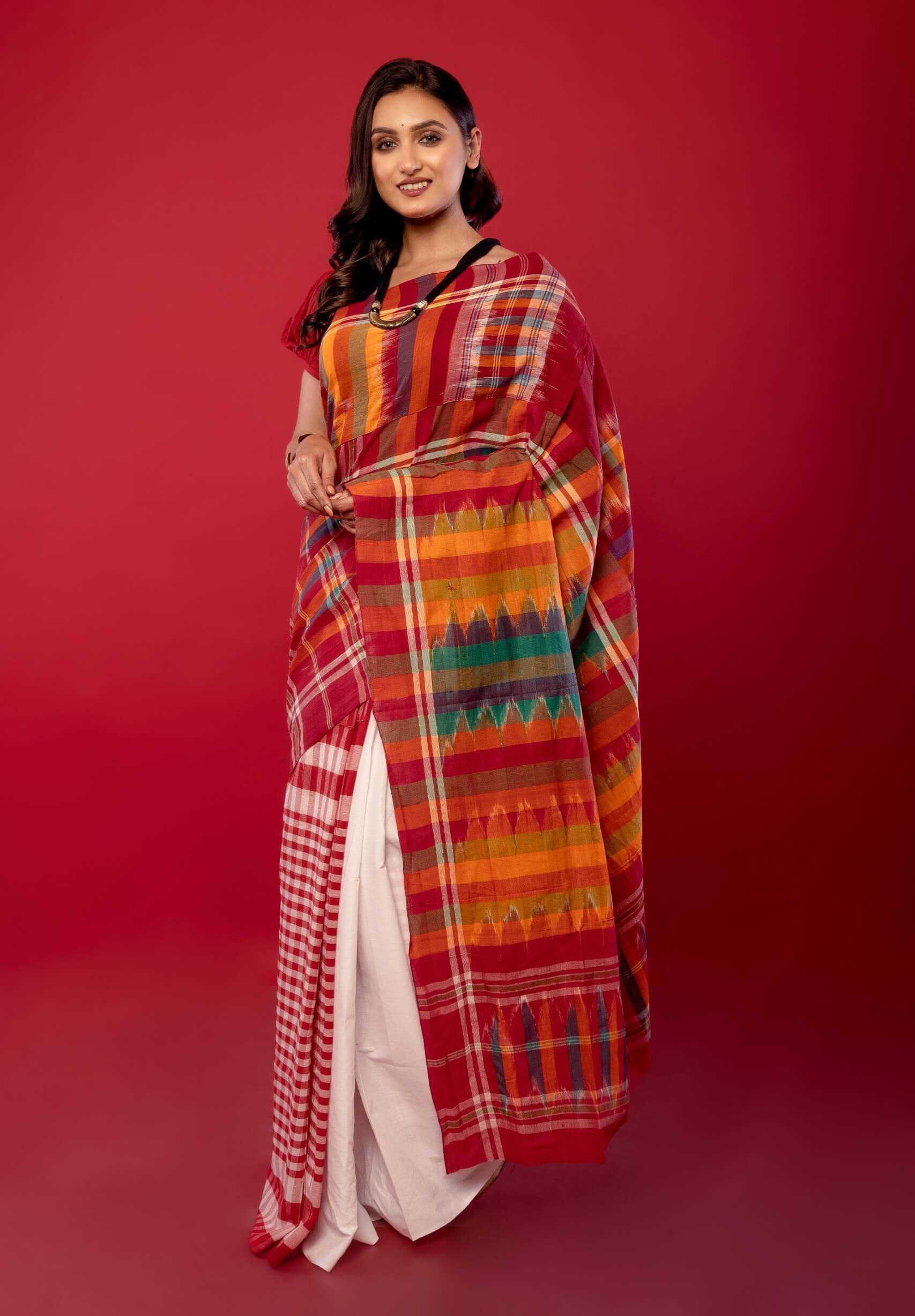 Red & White Soft Bengal Handwoven Gamcha Checked Saree - Anvi Couture