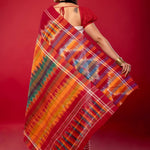 Red & White Soft Bengal Handwoven Gamcha Checked Saree - Anvi Couture