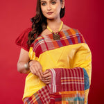 Yellow Cotton Gamcha Saree with Multicolor Checks - Anvi Couture