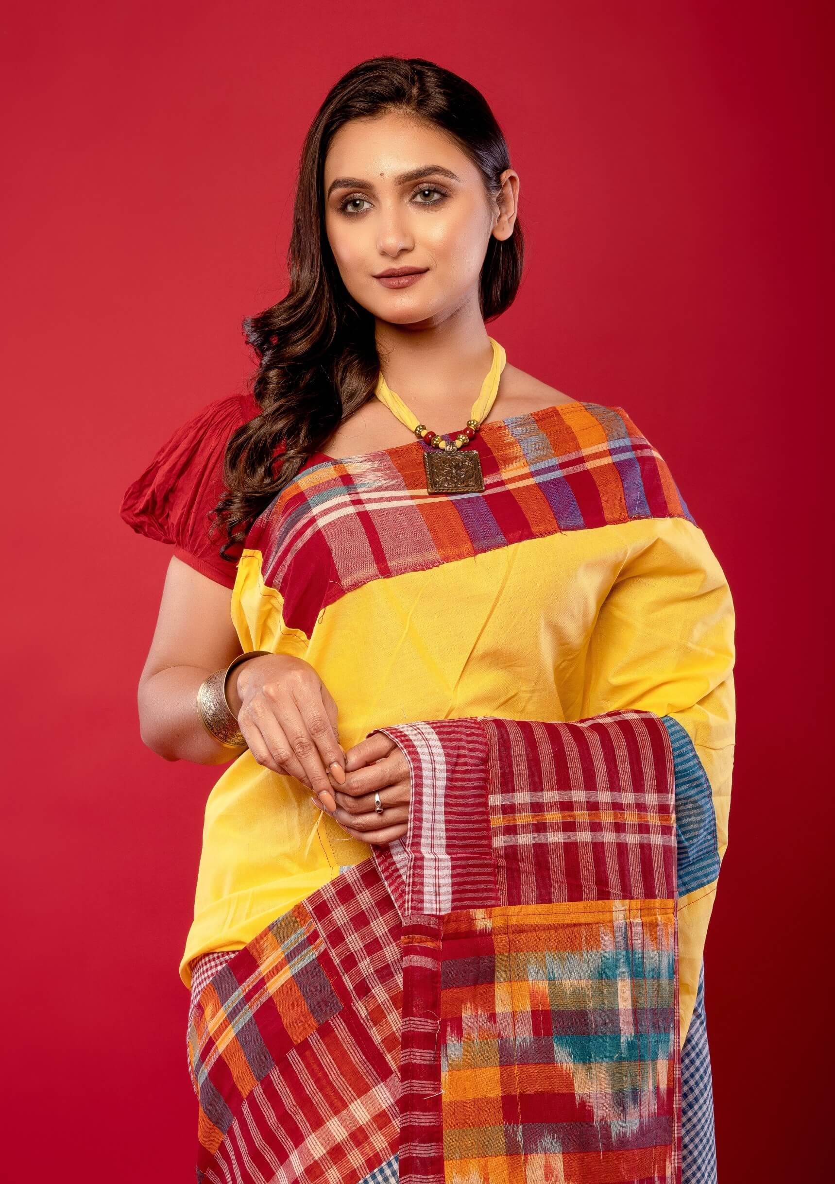 Yellow Cotton Gamcha Saree with Multicolor Checks - Anvi Couture