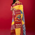 Yellow Cotton Gamcha Saree with Multicolor Checks - Anvi Couture