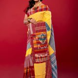 Yellow Cotton Gamcha Saree with Multicolor Checks - Anvi Couture