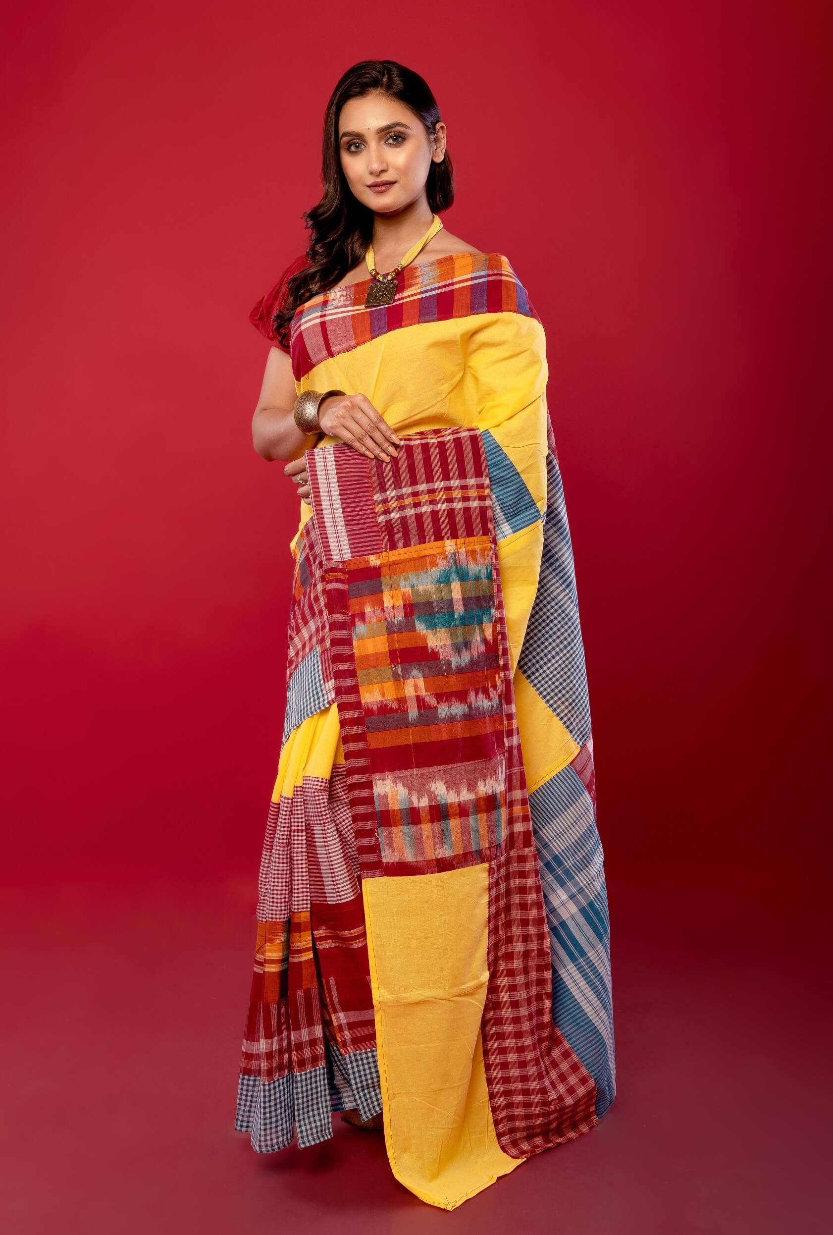 Yellow Cotton Gamcha Saree with Multicolor Checks - Anvi Couture