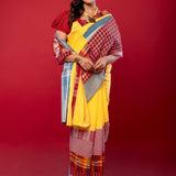 Yellow Cotton Gamcha Saree with Multicolor Checks - Anvi Couture