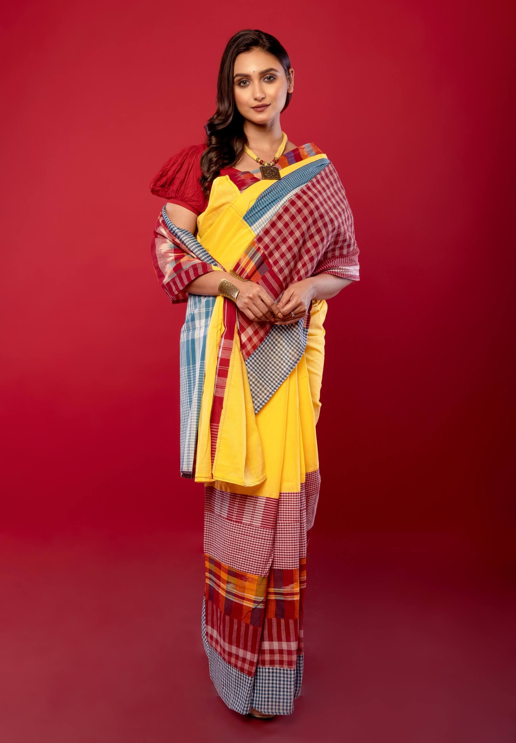 Yellow Cotton Gamcha Saree with Multicolor Checks - Anvi Couture