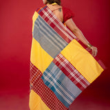 Yellow Cotton Gamcha Saree with Multicolor Checks - Anvi Couture