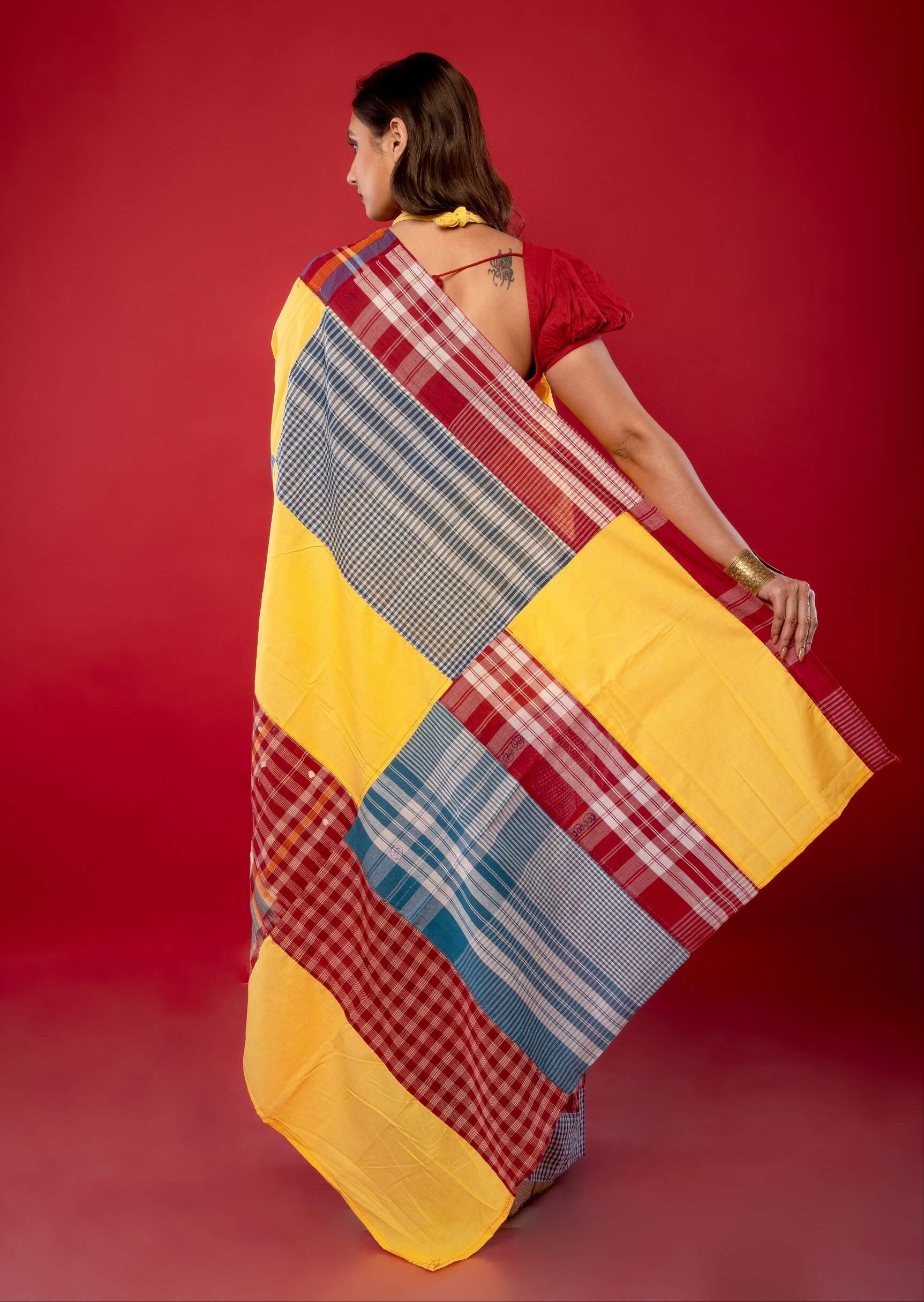 Yellow Cotton Gamcha Saree with Multicolor Checks - Anvi Couture